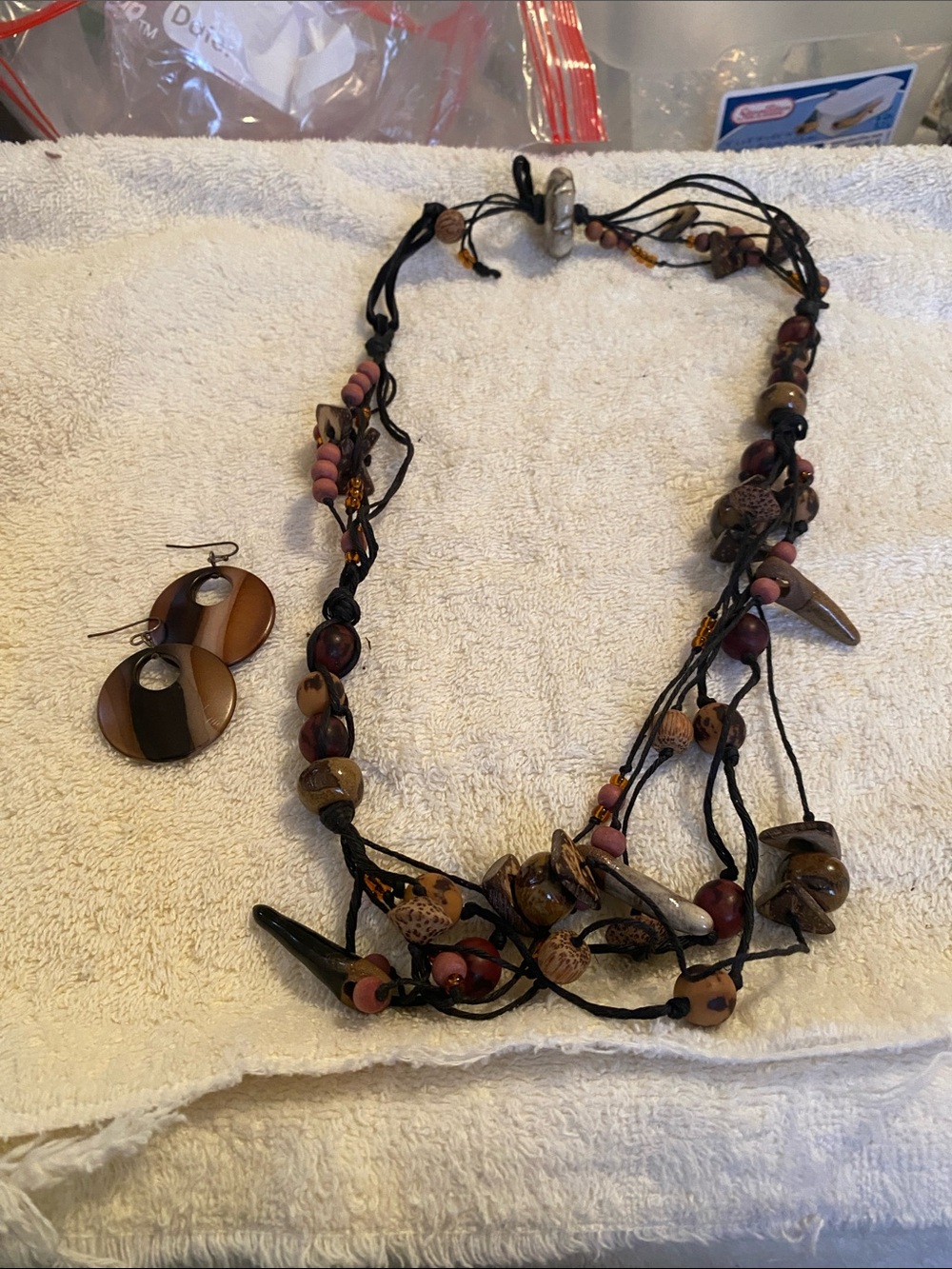 Boho Multi-Strand Brown & Pink Beaded Necklace with Matching Earrings